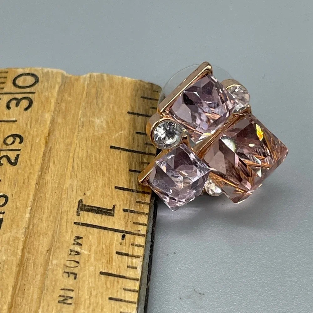 Rose Gold Tone Pink Crystal Cluster Stud Earrings Geometric Rhinestone Accents